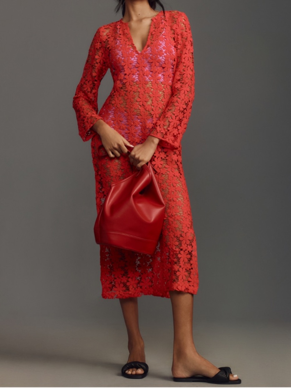 NWT Anthropologie Red 3D Floral Embroidery Kaftan V-Neck Midi Dress Resortwear